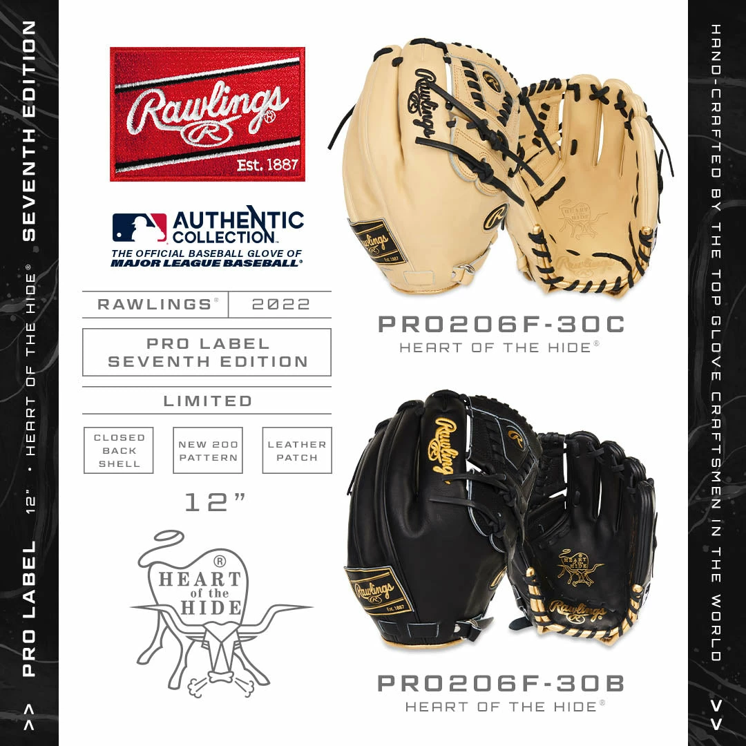 Rawlings Pro Label Heart Of The Hide 12" Baseball Glove: PRO206F-30B 5 Rawlings Pro Label Heart Of The Hide 12" Baseball Glove: PRO206F-30B - Image 5